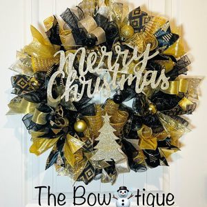 Black & Gold Merry Christmas Tree Ribbon Door Wreath Handmade 22 ins LED W24